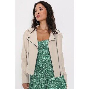Lulus Pretty Powerful Beige Vegan Leather Puff Sleeve Moto Jacket - Size M
